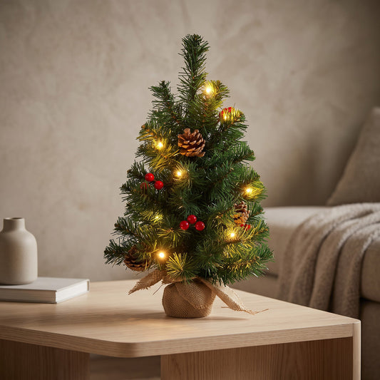 Árbol de Navidad 15 Luces LED 45cm Cálidas, con Piñas y Bolitas Rojas
