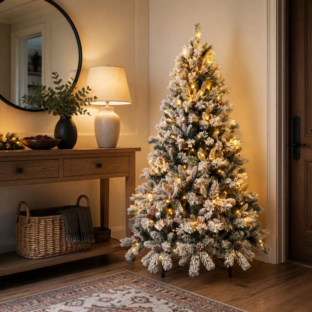 Sapin de Noël Led enneigé avec pommes de pin et boules rouges 150 cm