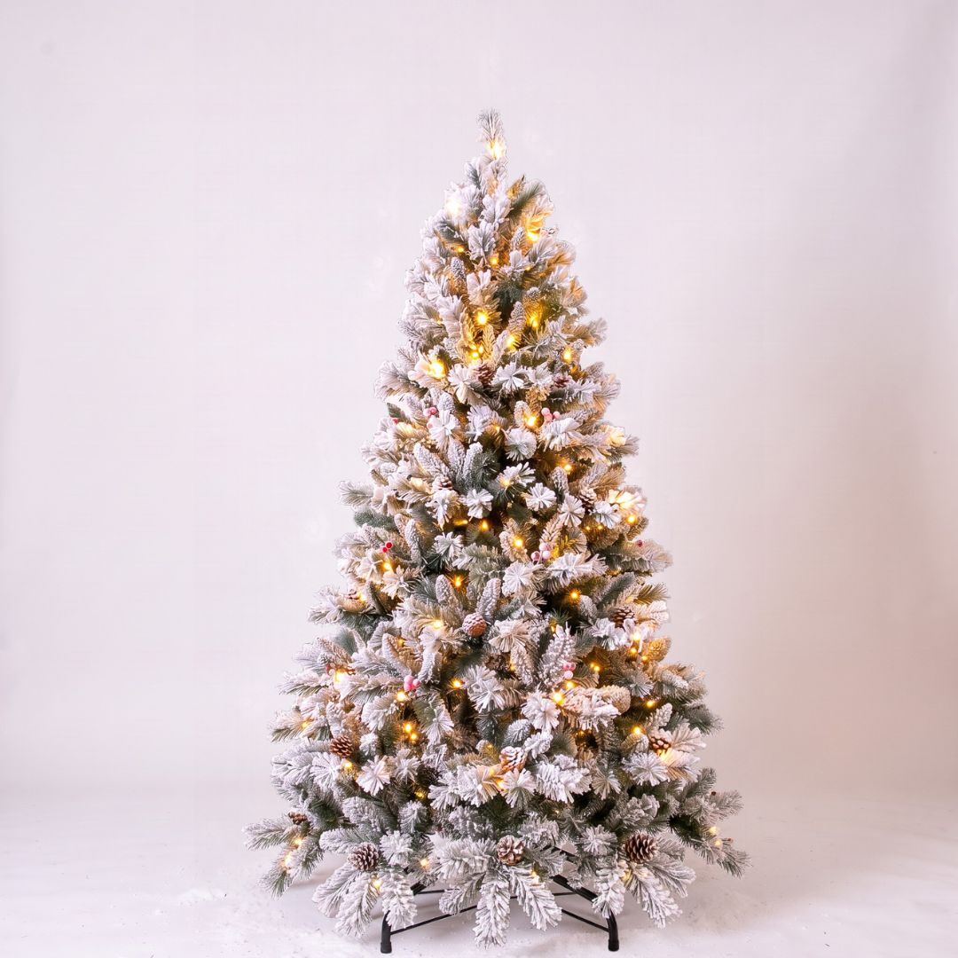 Árbol de Navidad LED Nevado 180cm con Piñas y Bolitas Rojas