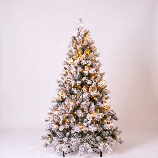 Árbol de Navidad LED Nevado 180cm con Piñas y Bolitas Rojas