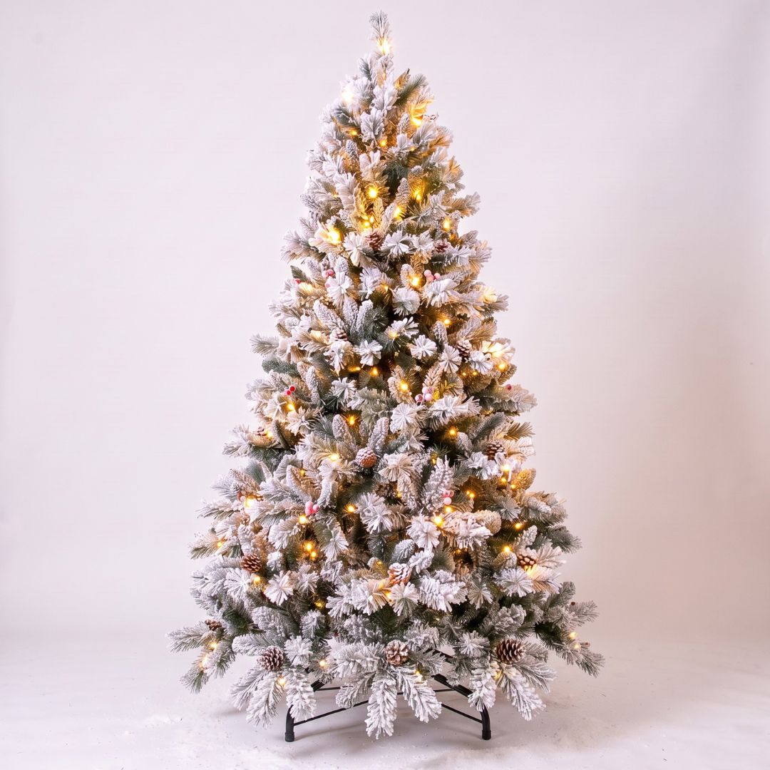 Sapin de Noël Led enneigé avec pommes de pin et boules rouges 150 cm