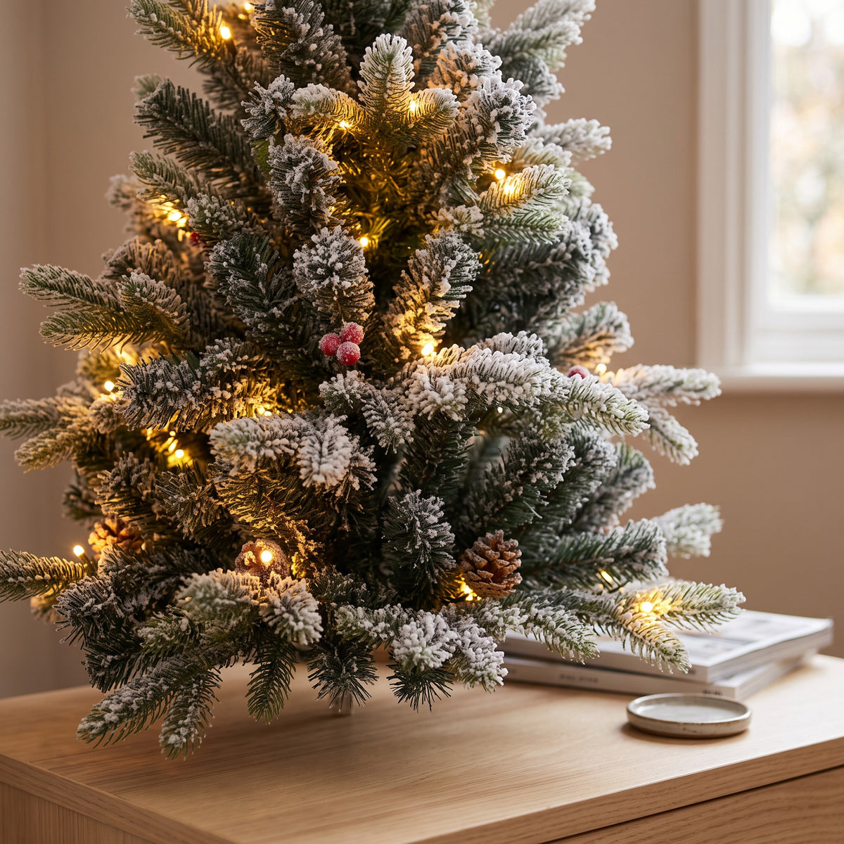Sapin de Noël LED enneigé avec pommes de pin et boules rouges 90 cm
