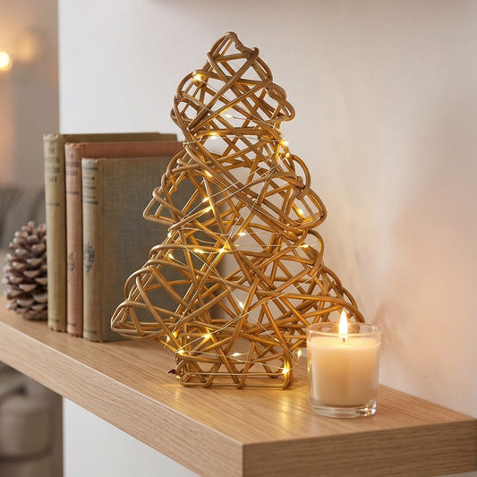 Árbol navideño 3D dorado, 48 luces LED cálidas con efecto Flicher