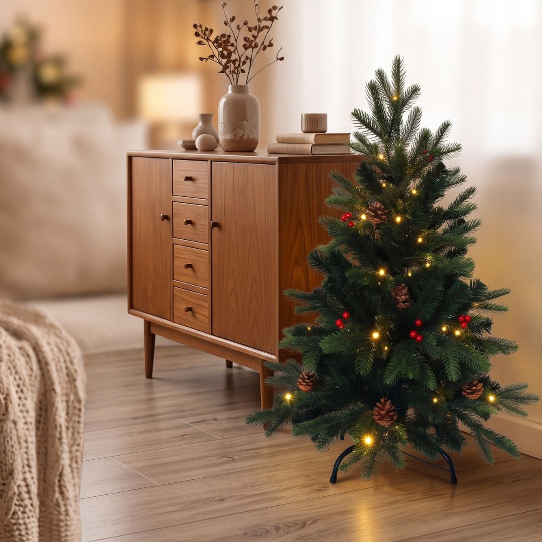 Árbol de Navidad LED 90cm con Piñas y Bolitas Rojas