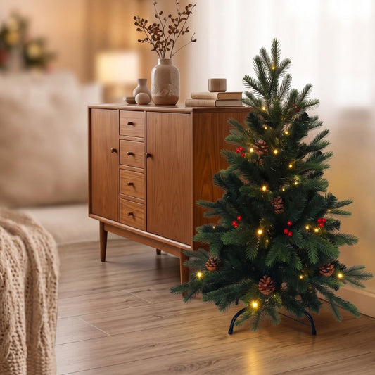 Árbol de Navidad LED 90cm con Piñas y Bolitas Rojas