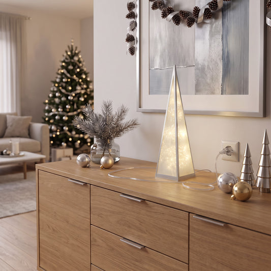 Sapin de Noël LED Pyramide Argenté et Effet Flocon de Neige 45 cm