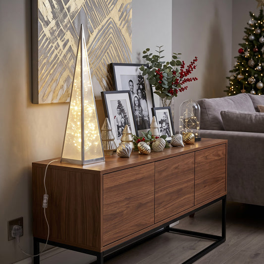 Sapin de Noël LED Pyramide Argenté et Effet Flocon de Neige 60 cm