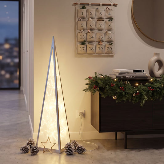 Sapin de Noël LED Pyramide Argenté et Effet Flocon de Neige 90 cm