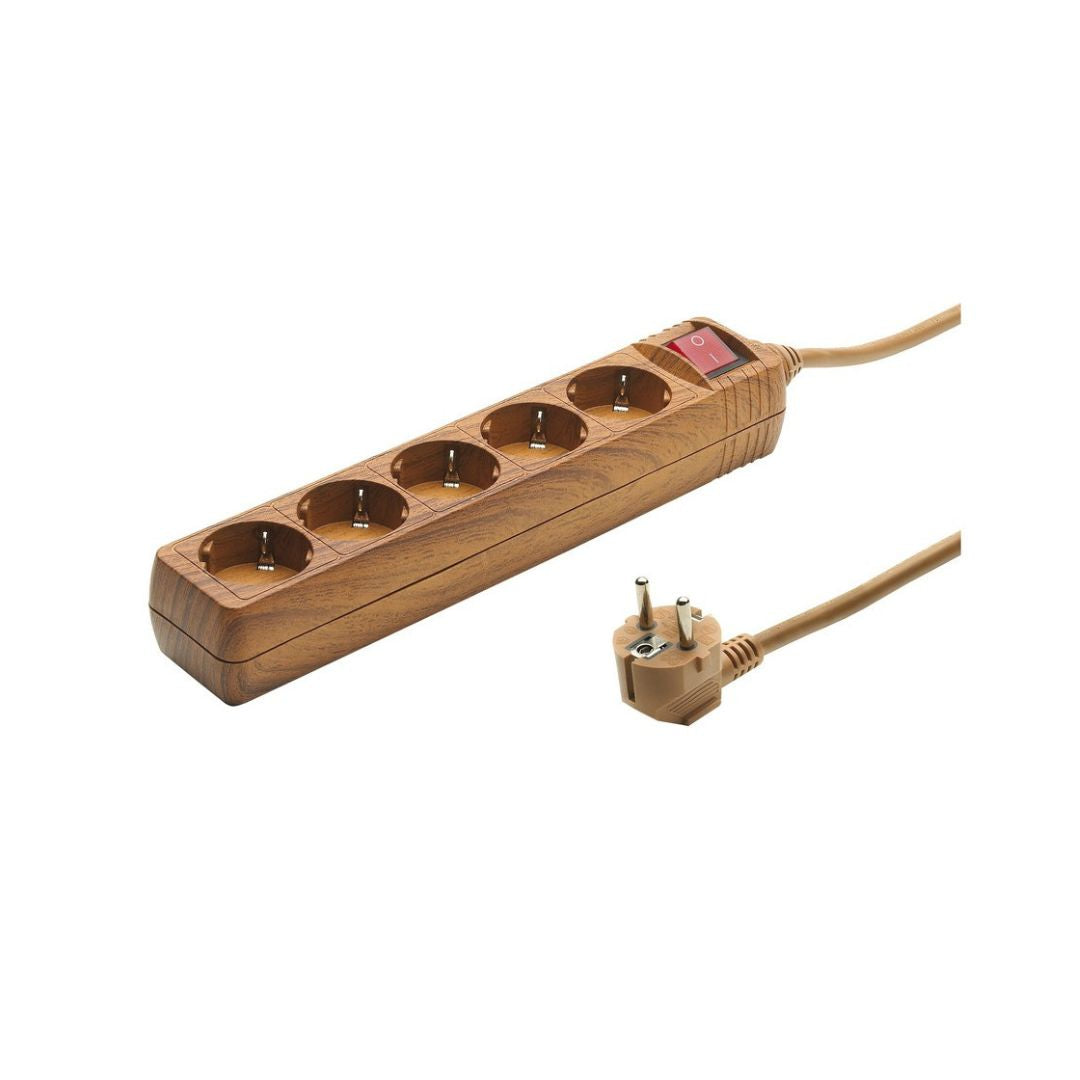 Regleta de 5 Enchufes con Interruptor – Imitación Madera, Cable 1,5 m, 16A