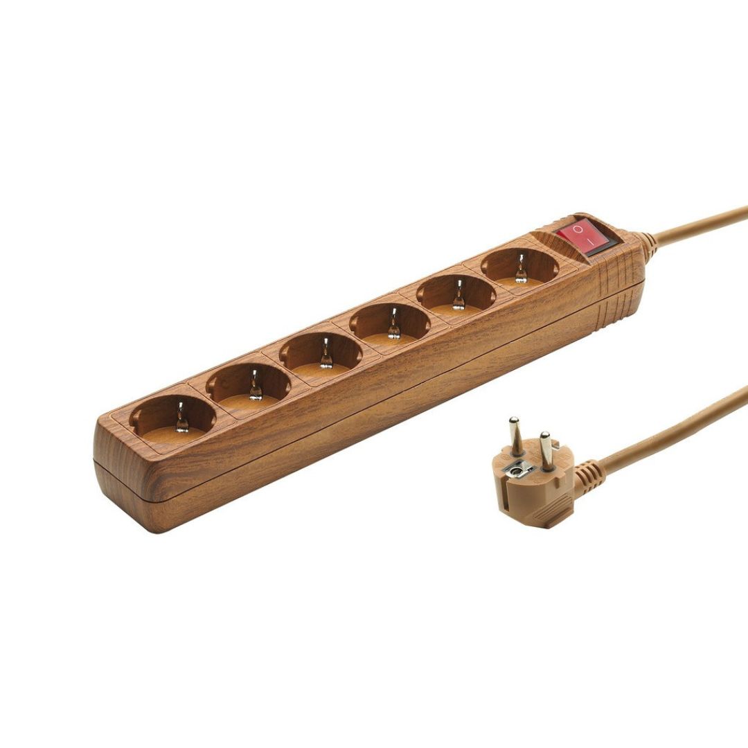 Regleta de 6 Enchufes con Interruptor – Imitación Madera, Cable 1,5 m, 16A