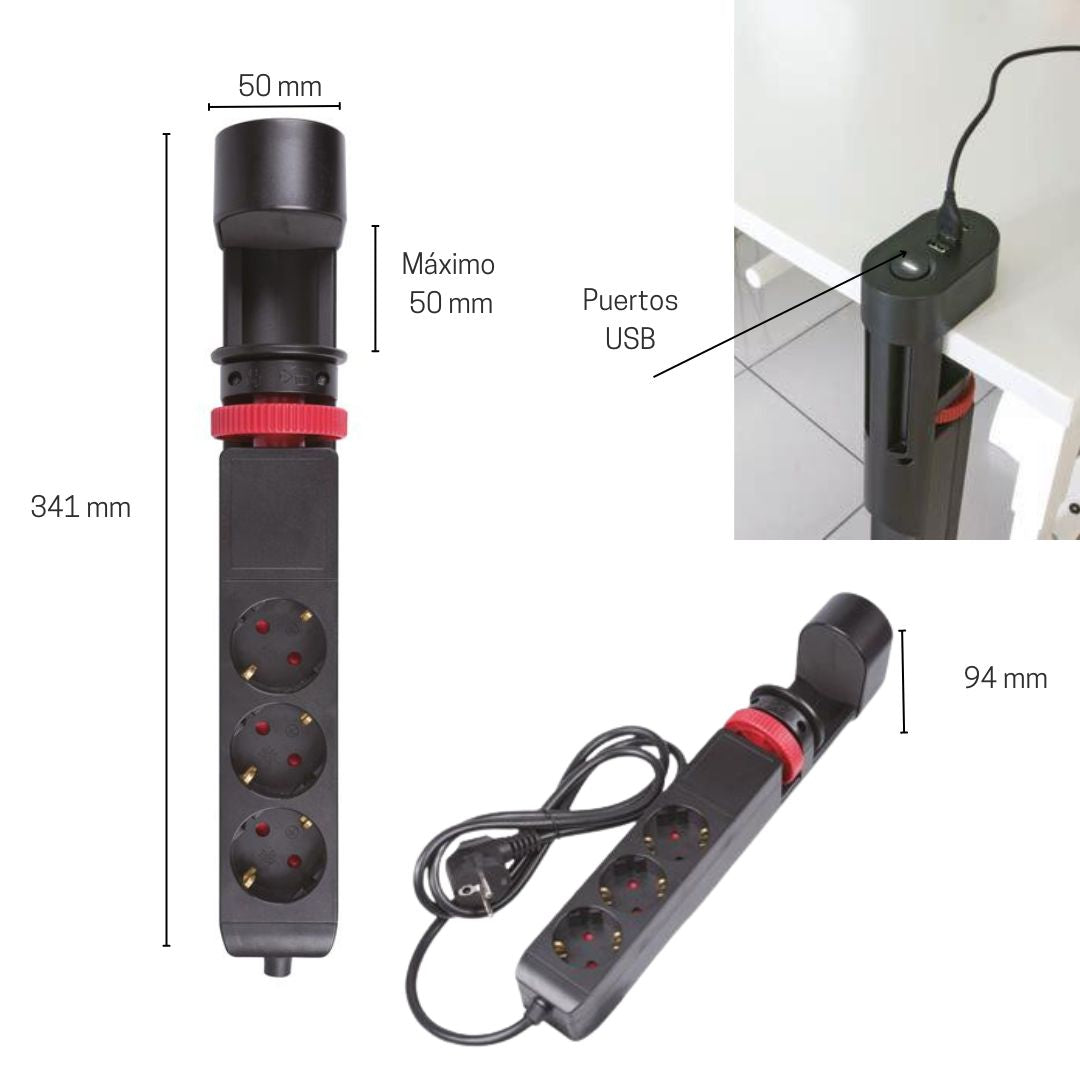 Multiprise avec 3 prises, 2 ports USB Type A, 1 port USB Type C et pince de fixation de table