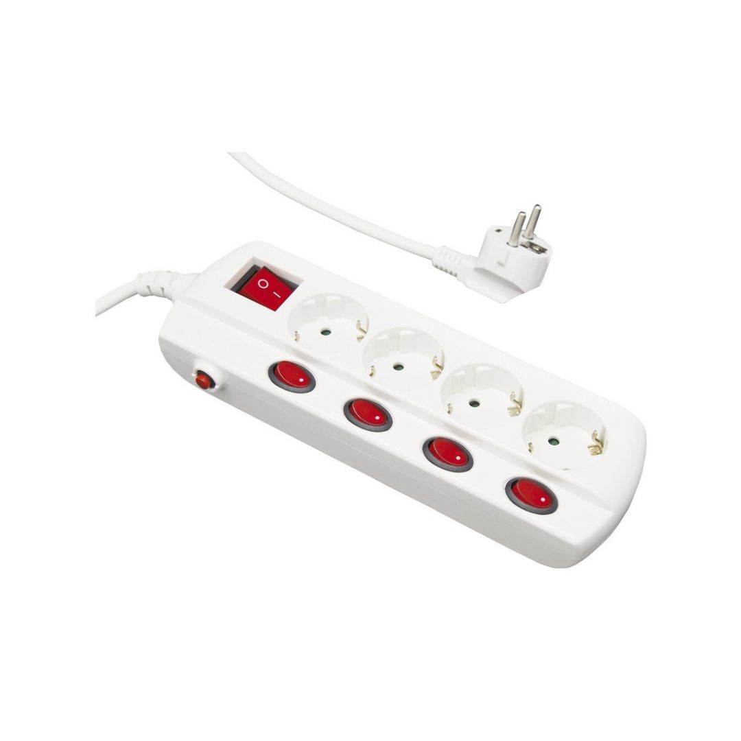 Regleta de superficie 4 enchufes Schuko con protección e interruptores luminosos