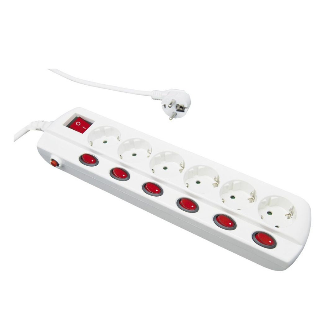 Regleta de superficie 6 enchufes Schuko con protección e interruptores luminosos