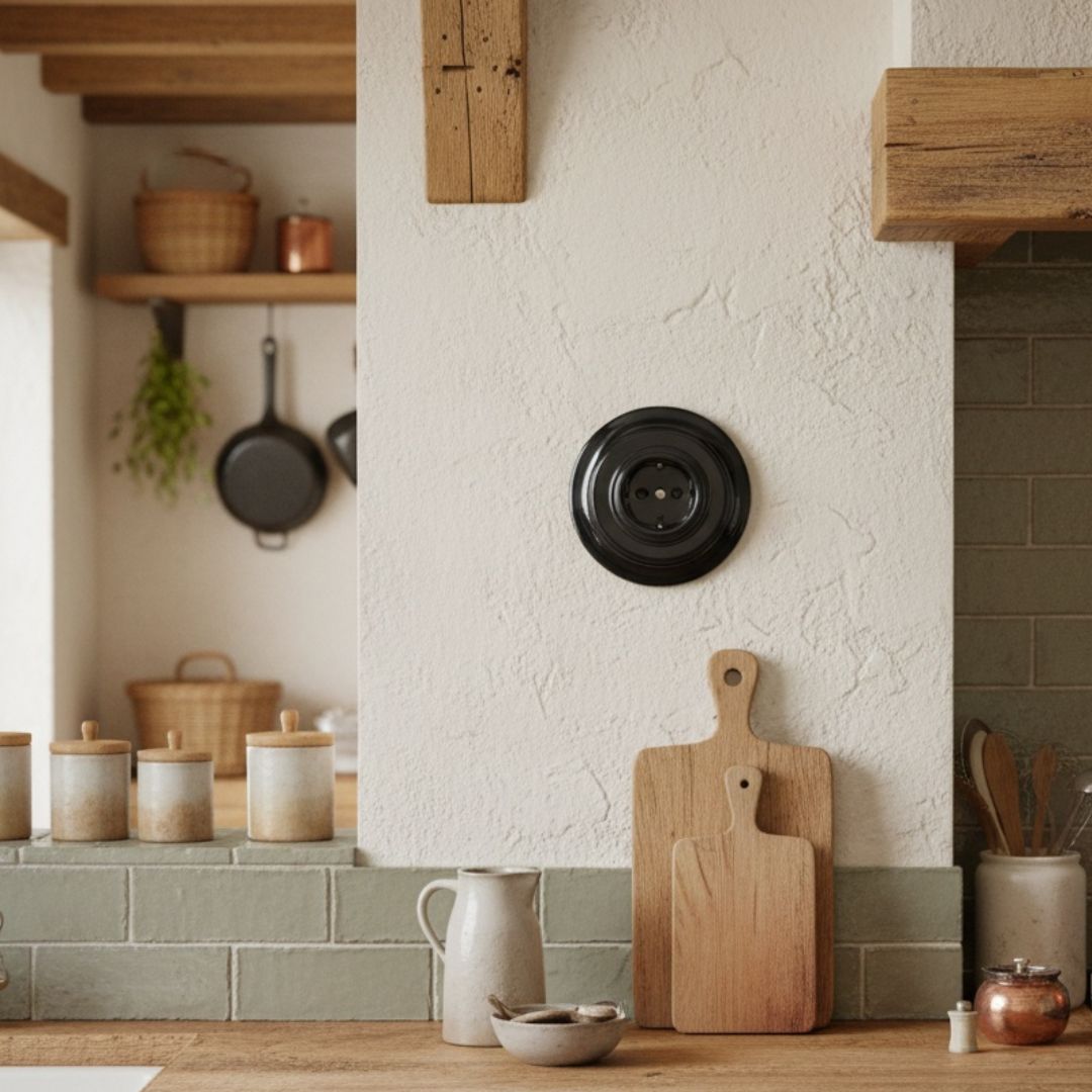 Prise encastrée vintage en porcelaine noire – 16 A 250 V