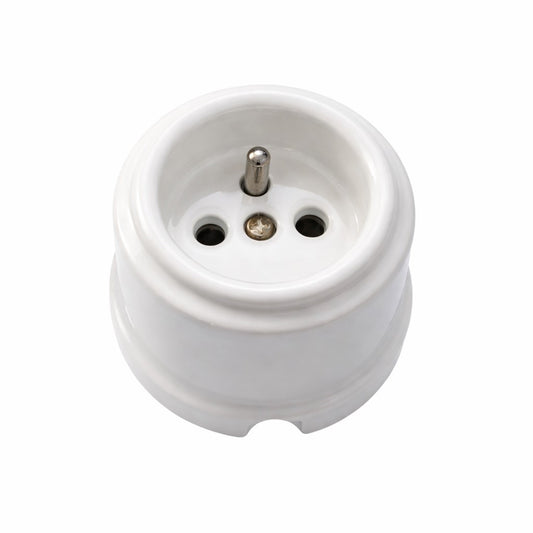 Enchufe Vintage de Superficie en Porcelana Blanca – Tipo E Francés 16A 250V