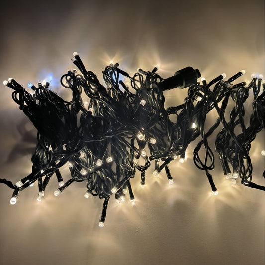 Guirnalda LED 144 luces cálidas 15m con destellos, ampliable hasta 10 tiras, IP20