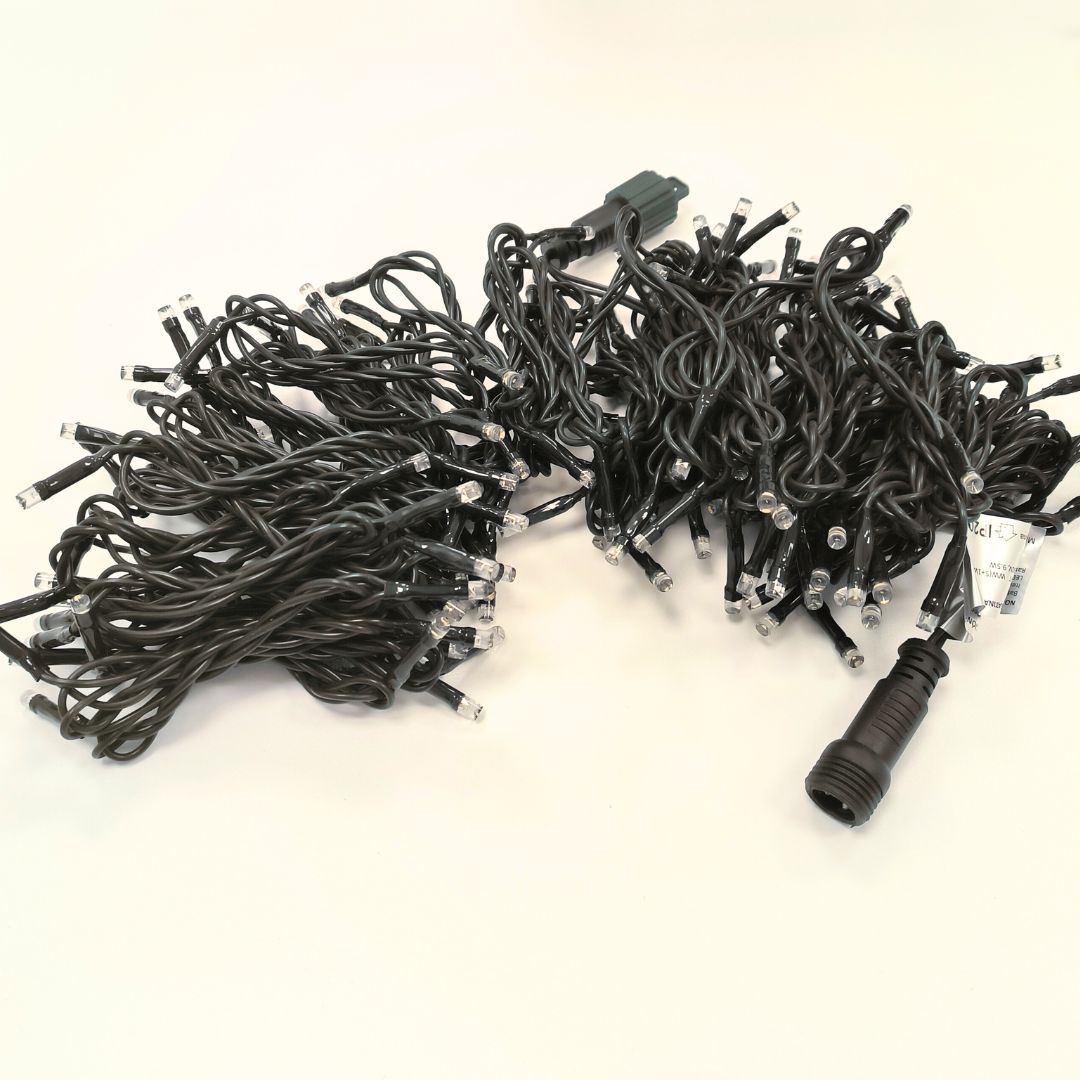 Guirnalda LED 144 luces cálidas 15m con destellos, ampliable hasta 10 tiras, IP20