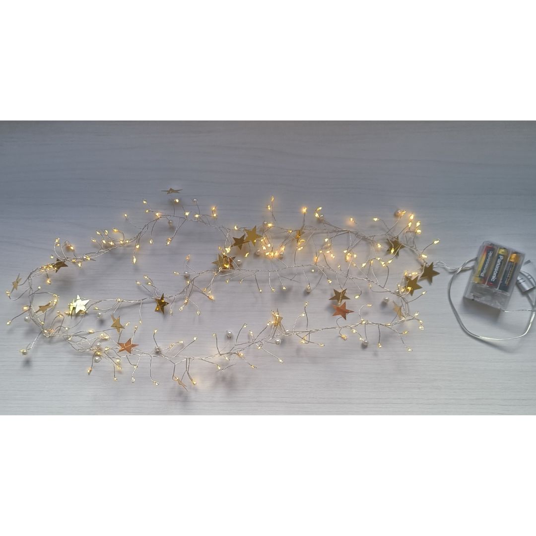 Guirnalda LED con Estrellas Doradas y Perlas Blancas – 200 Luces Cálidas, 1,5 m