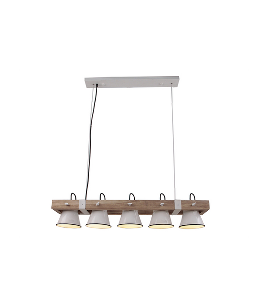 Lámpara Colgante de Madera con 5 Focos E27 en Cerámica Blanca Estilo Rústico