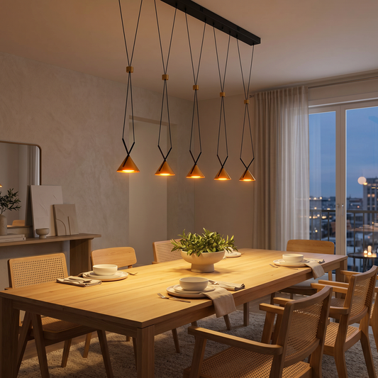 Candeeiro suspenso LED Elina com 5 focos 15W 3000K em preto e dourado