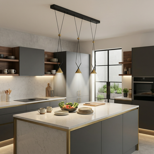 Candeeiro suspenso LED Eyra com 3 focos 9W 3000K em preto e dourado