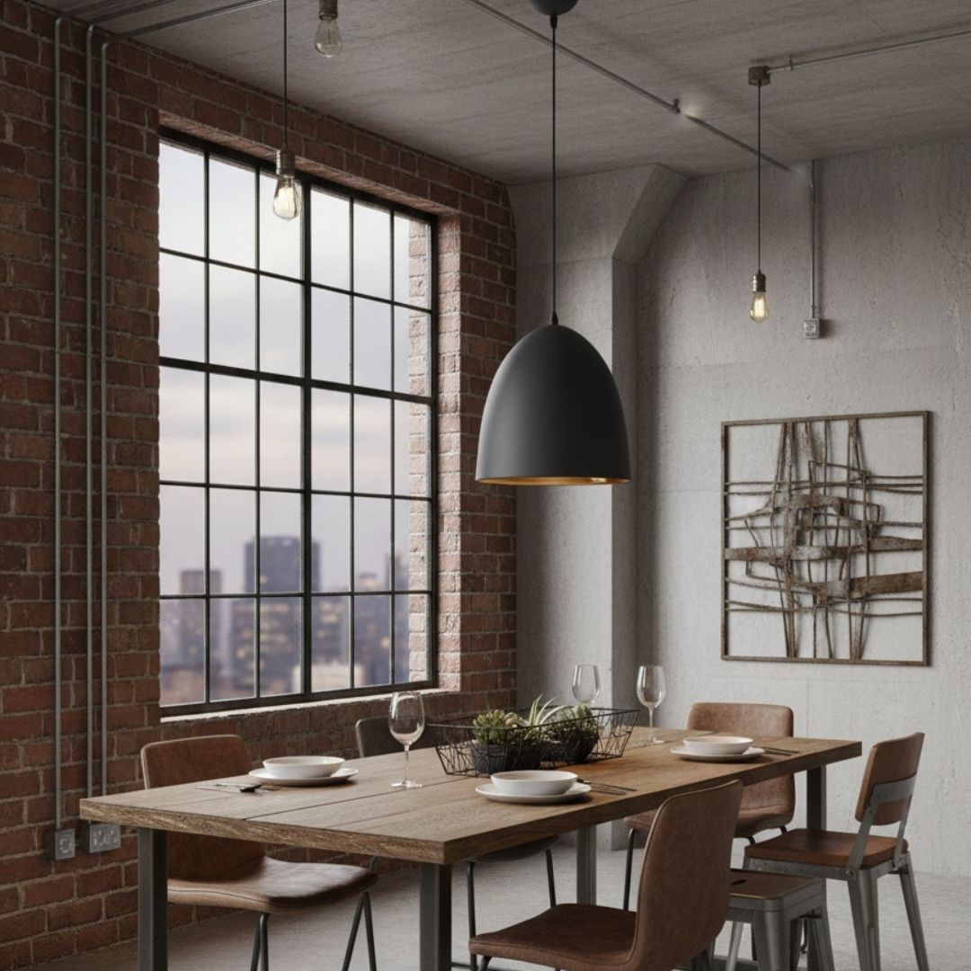 Lampe à Suspension en Métal Noir avec Intérieur Vieil Or