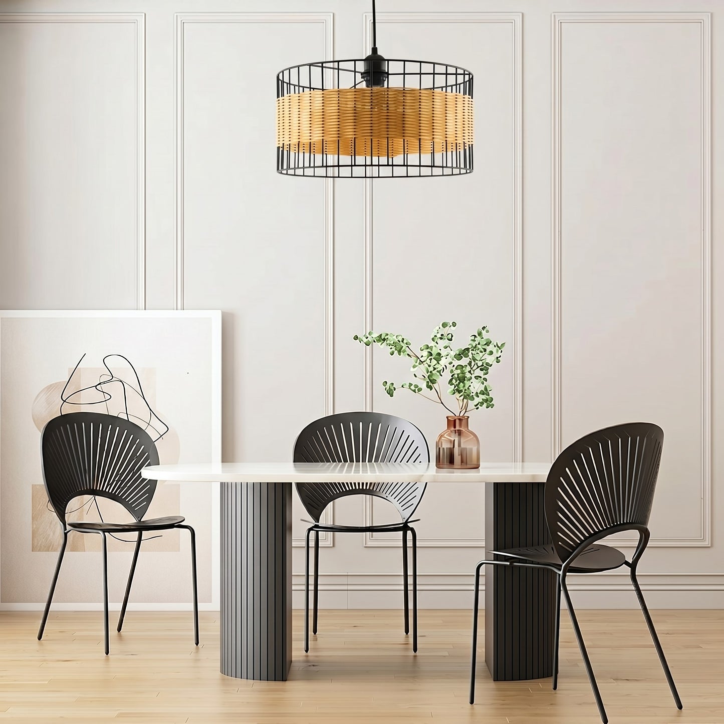 Suspension avec abat-jour en métal noir et rotin : élégance et style naturel
