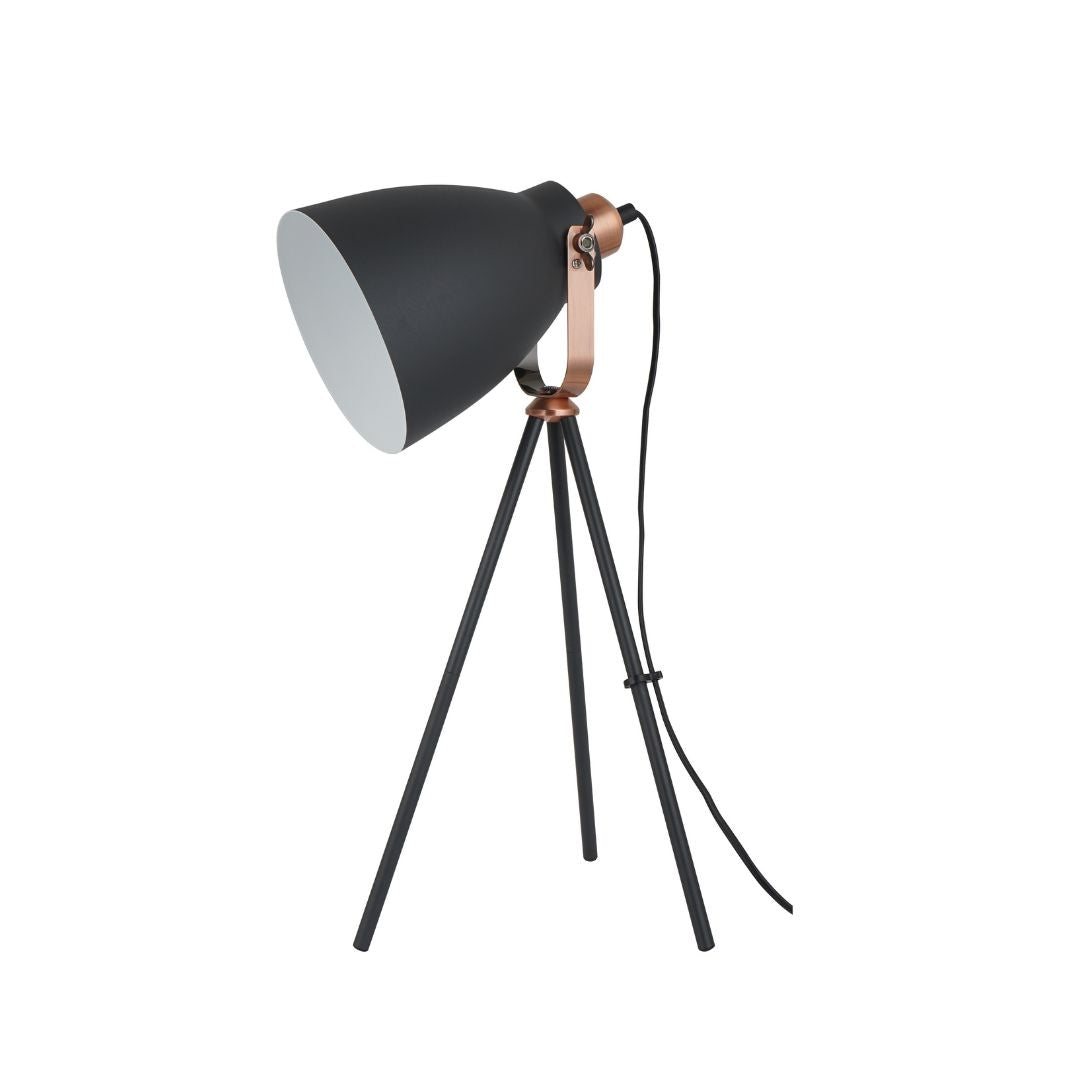 Lampe de table vintage en métal – Trépied noir et abat-jour noir/cuivre
