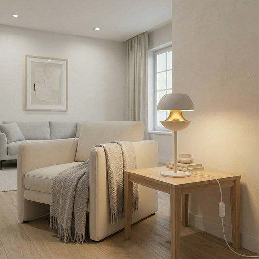 Candeeiro de mesa com tulipa em branco e dourado