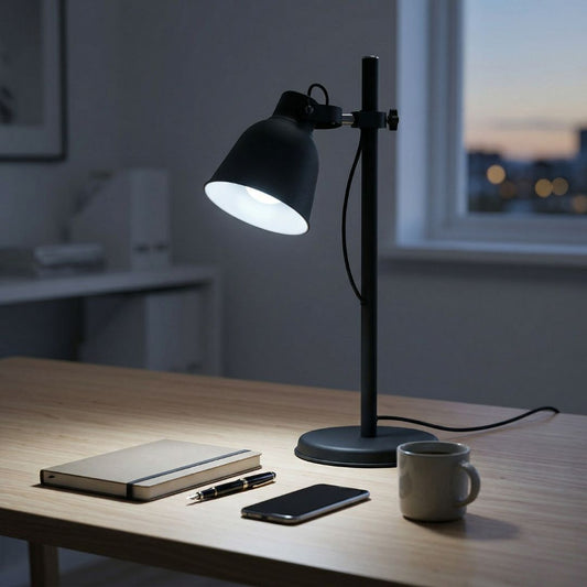 Candeeiro de mesa em metal preto com foco ajustável