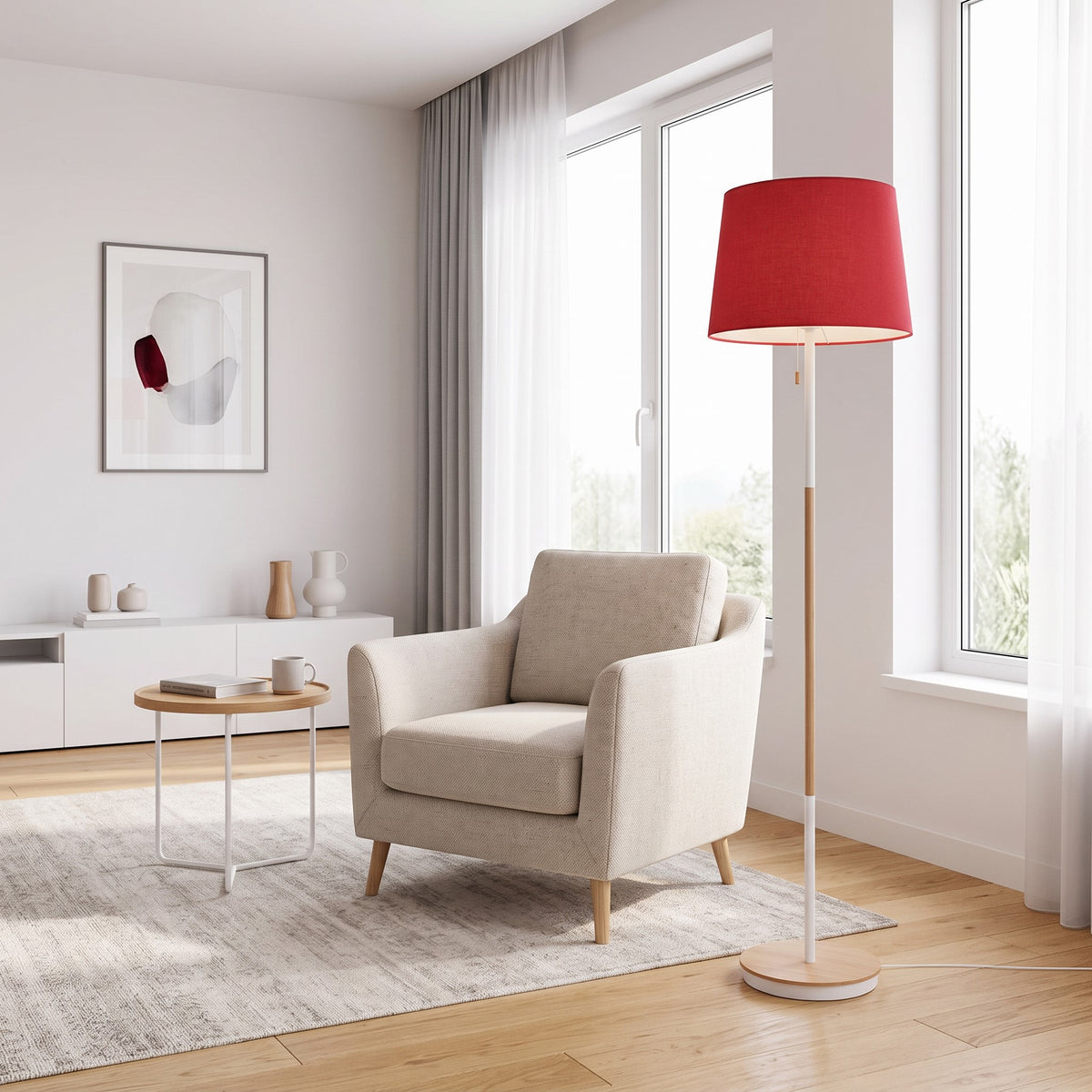 Lampadaire en bois, métal et tissu rouge