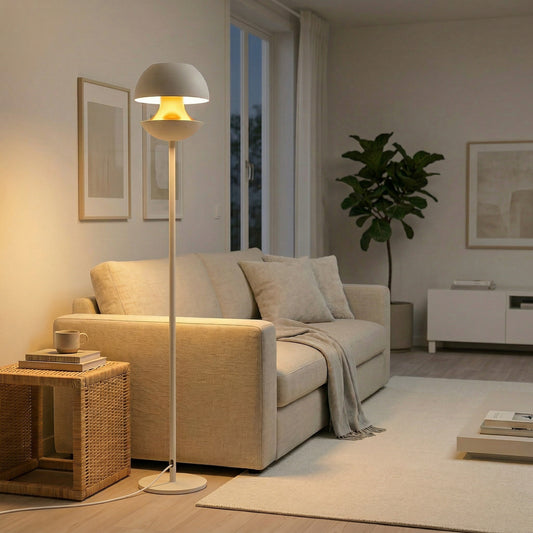 Candeeiro de pé moderno em metal branco e dourado