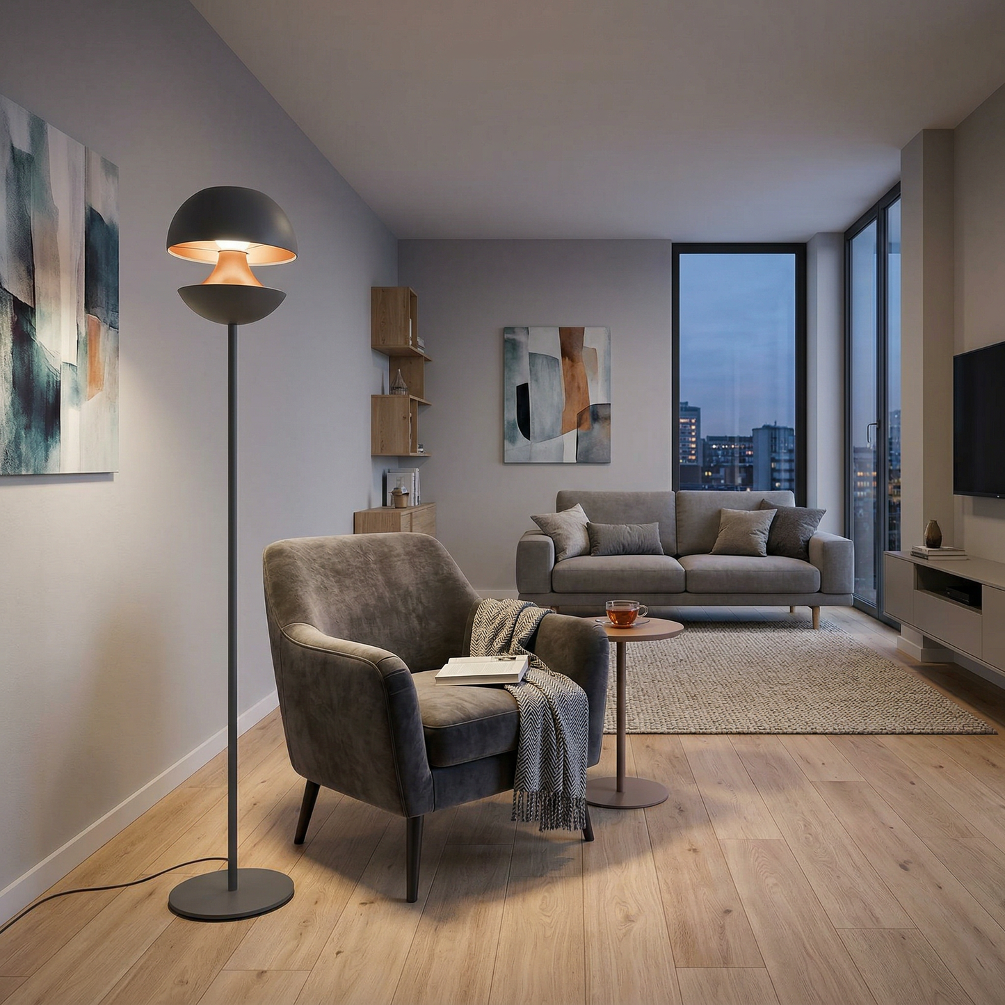 Candeeiro de pé moderno em metal preto e dourado