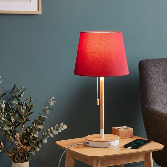 Lámpara de Mesa con cargador USB de Tela Roja y Madera