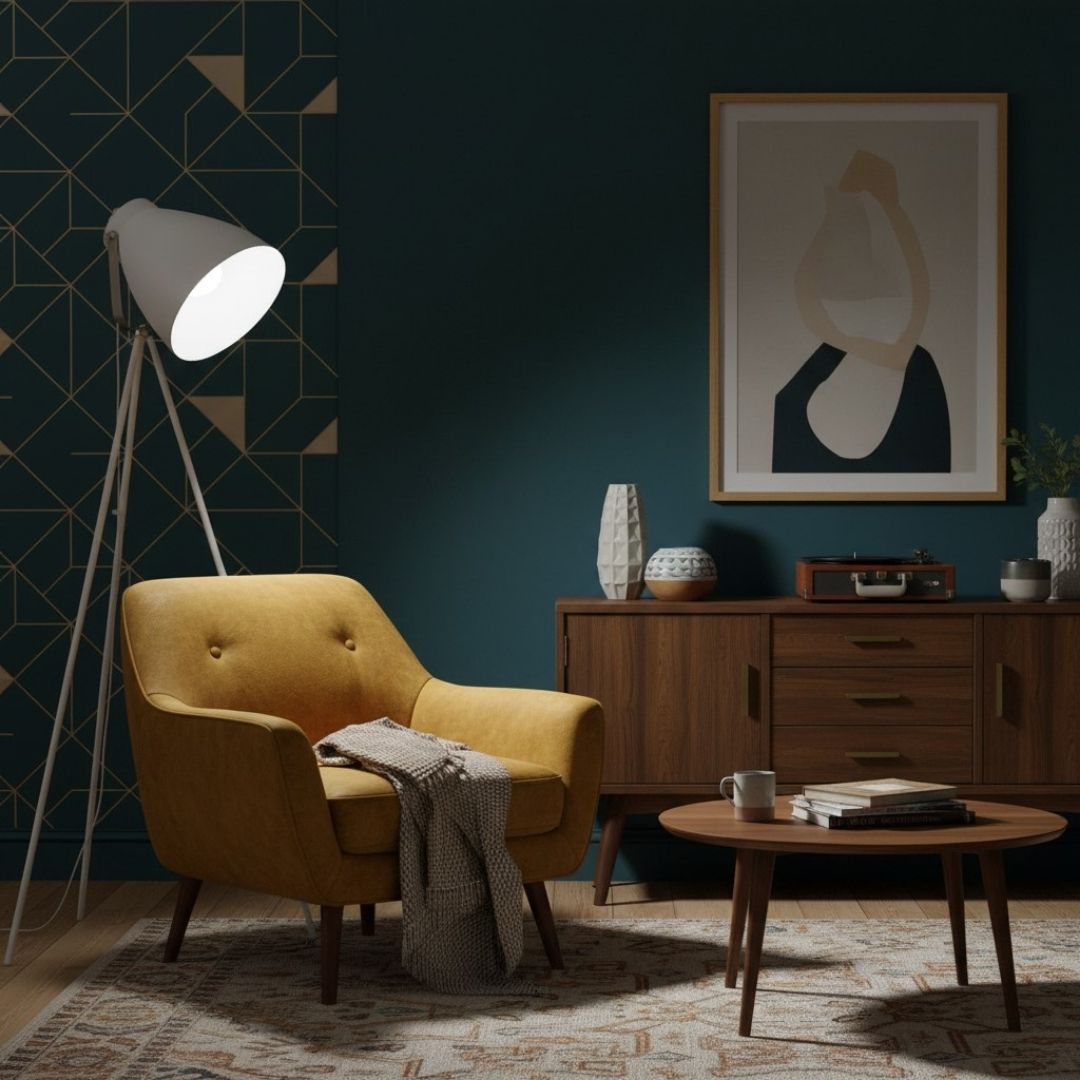 Lampadaire vintage en métal – Trépied blanc et abat-jour blanc/argenté