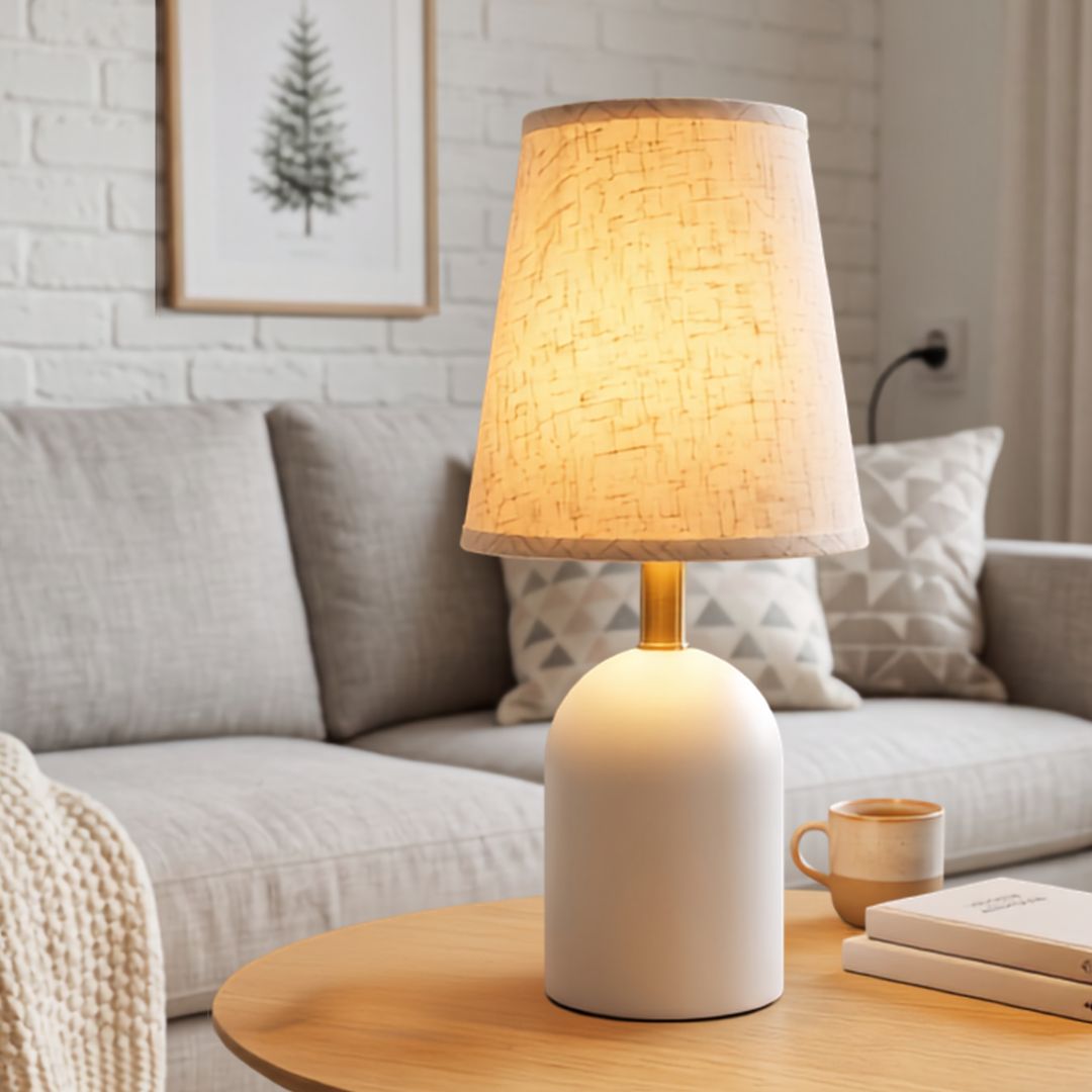 Lámpara de Mesa con Tulipa de Tela Beige y Pie Decorativo