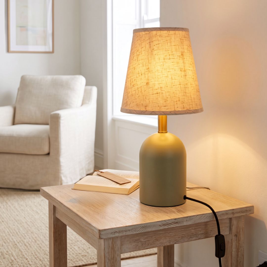 Lámpara de Mesa con Tulipa de Tela Beige y Pie Decorativo