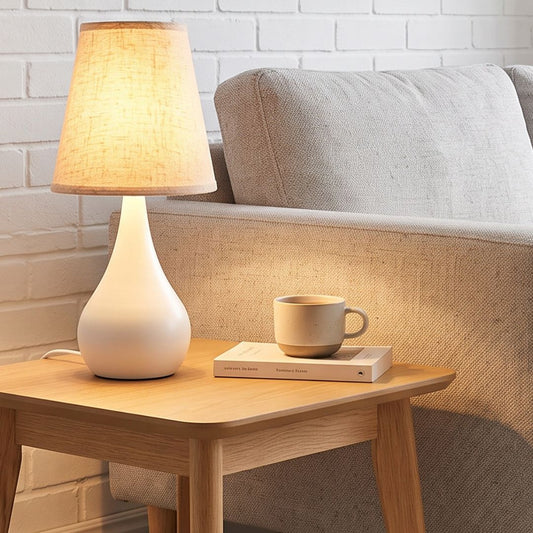 Lámpara de Mesa con Pie Tipo Jarrón y Tulipa de Tela Beige