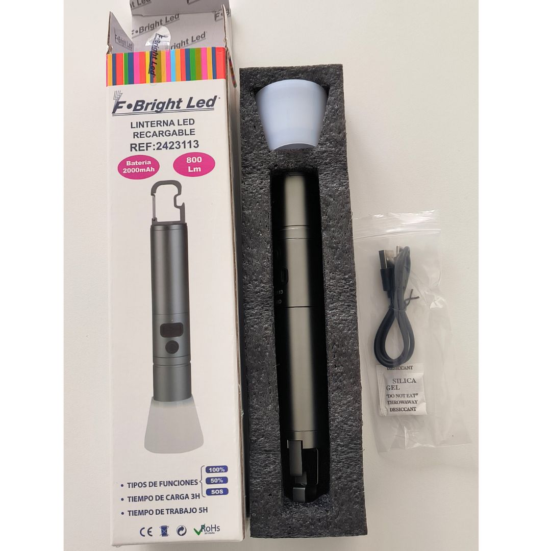 Linterna LED 15W 2000mAh Recargable USB-C – Zoom, Power Bank y SOS