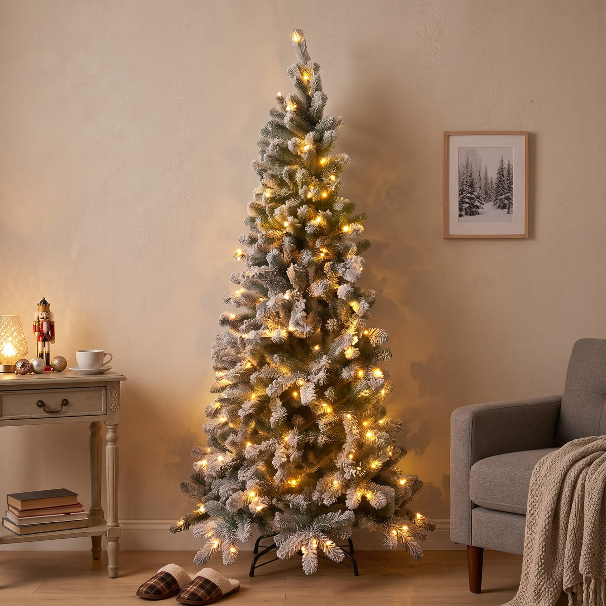 Medio Árbol de Navidad LED Nevado 210 cm – 190 Luces LED Cálidas, IP44