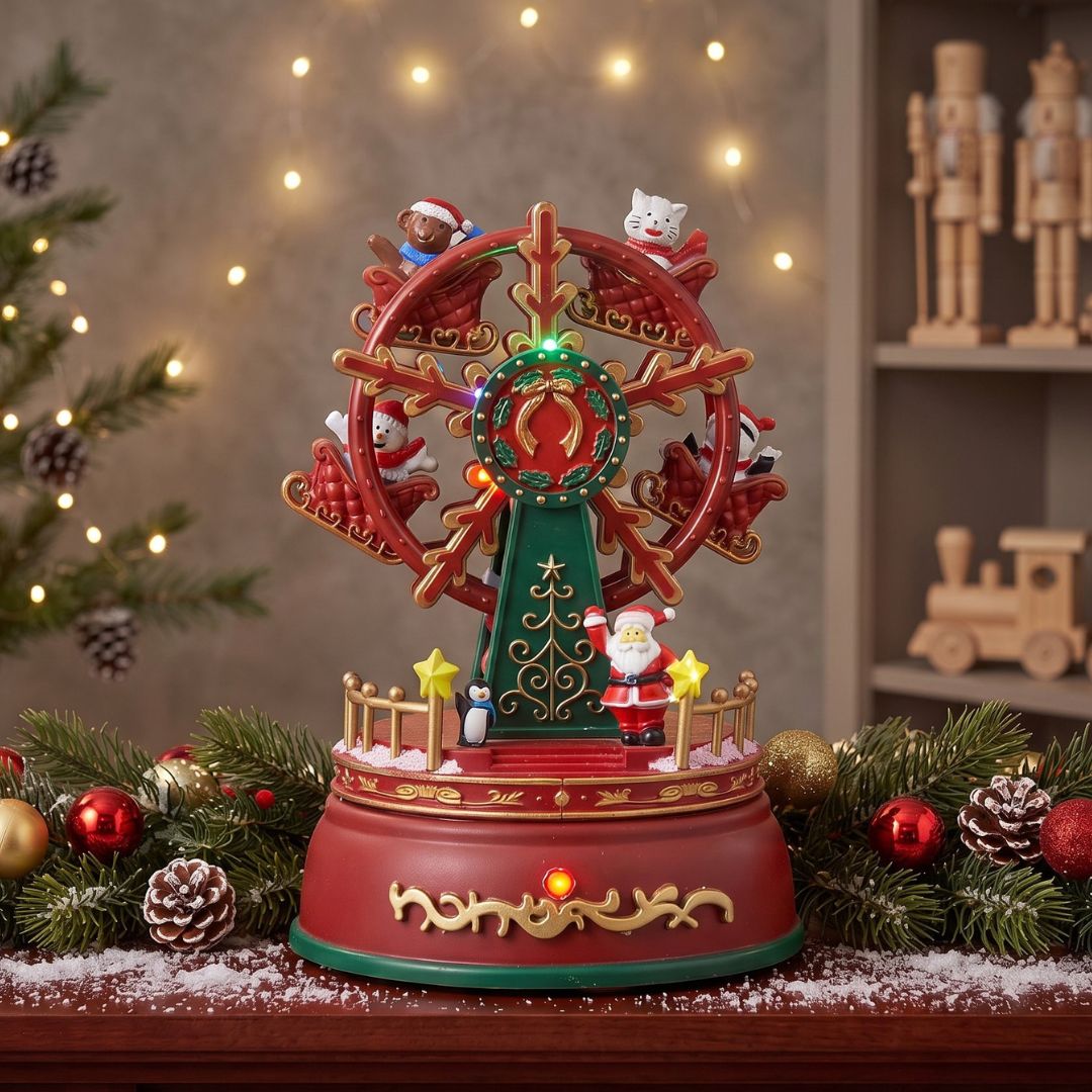 Roda gigante vermelha de Natal com luzes LED e música