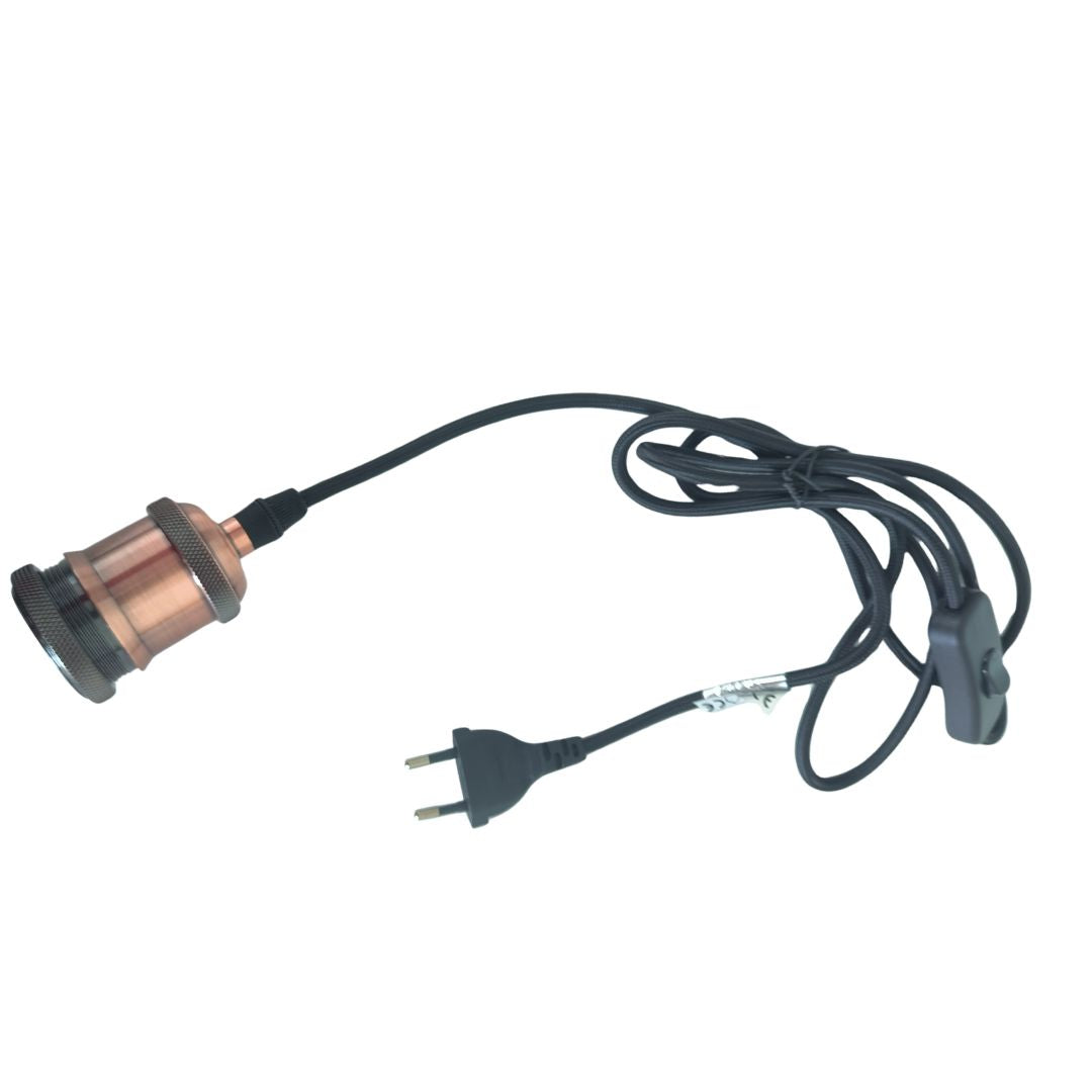 Kit Portalámparas E27 con Cable Textil Negro 1,8m, Interruptor y Clavija cobre