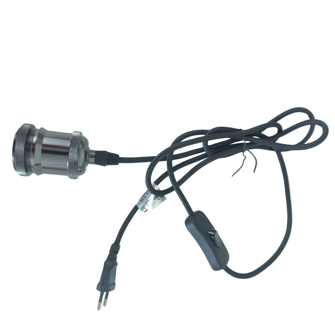 Kit Portalámparas E27 con Cable Textil Negro 1,8m, Interruptor y Clavija gris