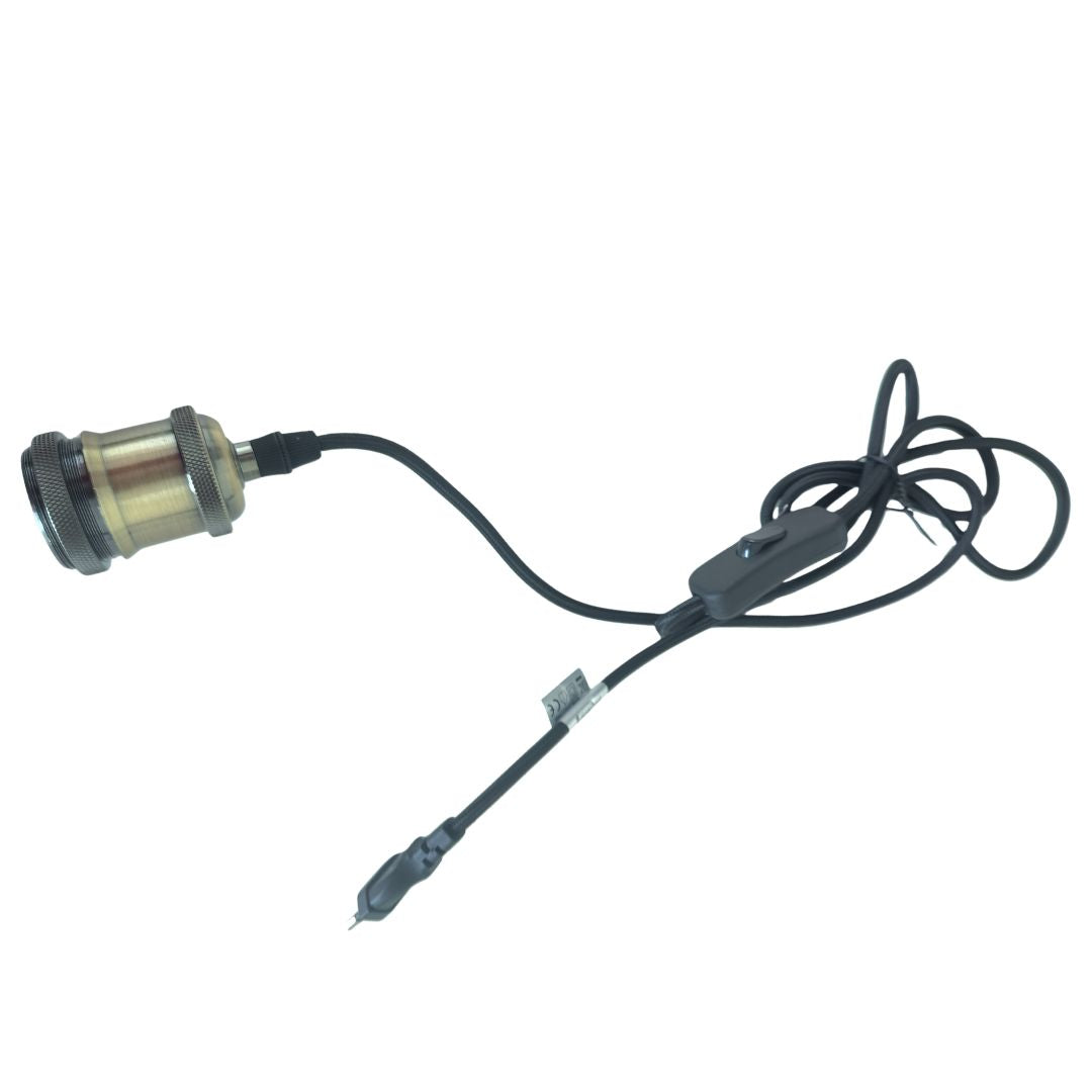 Kit Portalámparas E27 con Cable Textil Negro 1,8m, Interruptor y Clavija latón