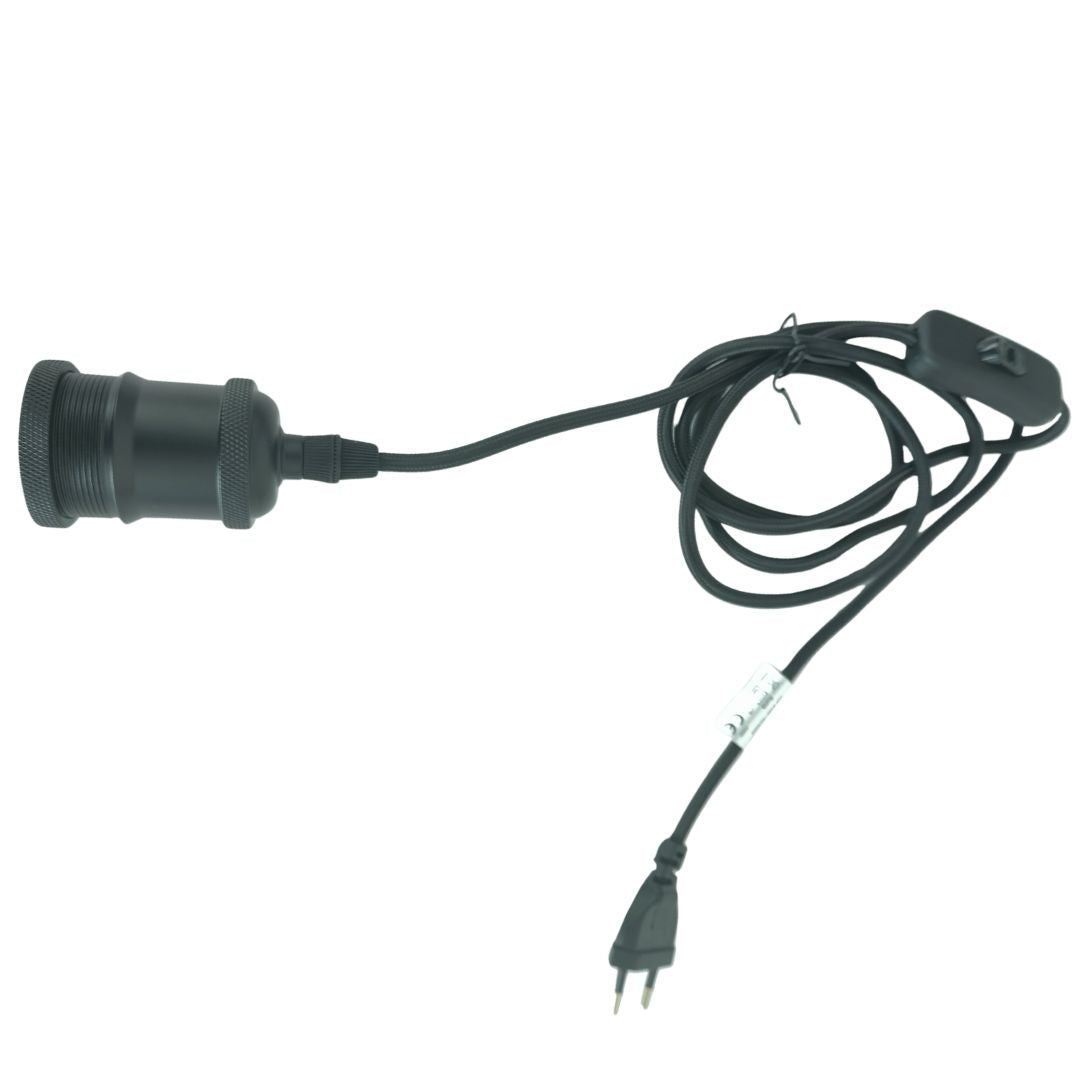 Kit Portalámparas E27 con Cable Textil Negro 1,8m, Interruptor y Clavija negro