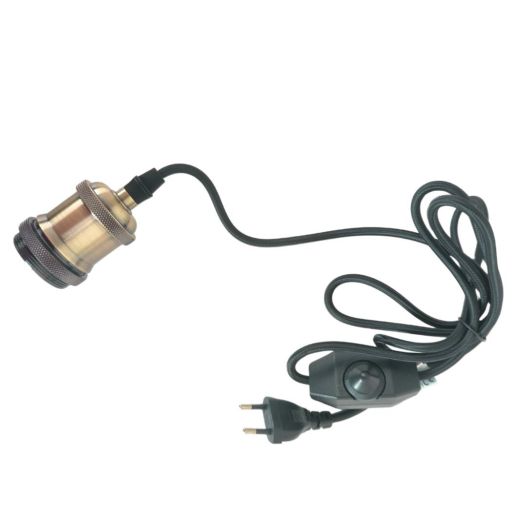 Kit Portalámparas E27 con Regulador, Cable Textil Negro 1,8m y Clavija dorado