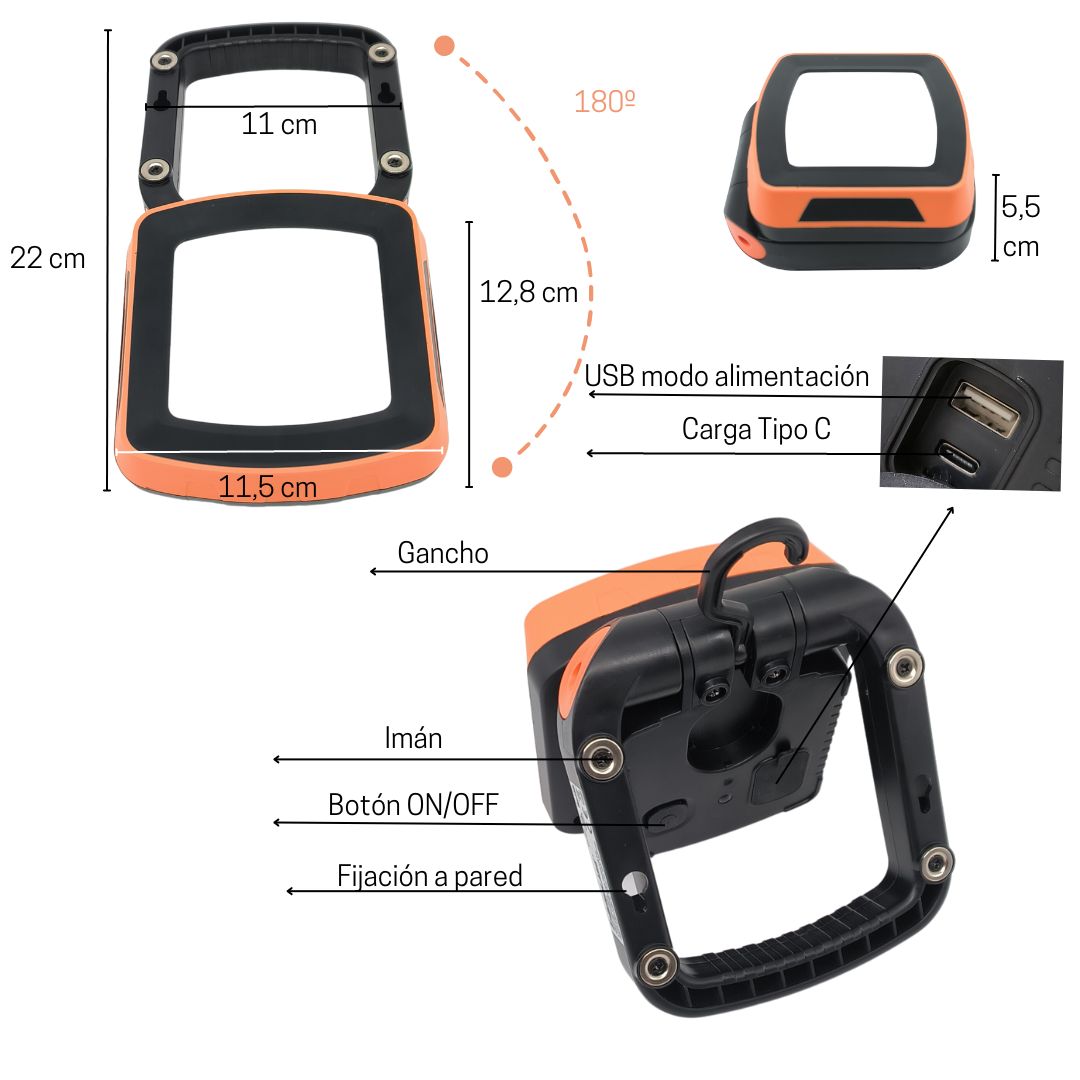 Foco de Trabajo Led 5W 4000K Exterior Portátil Recargable IP65 con Gancho e Imán