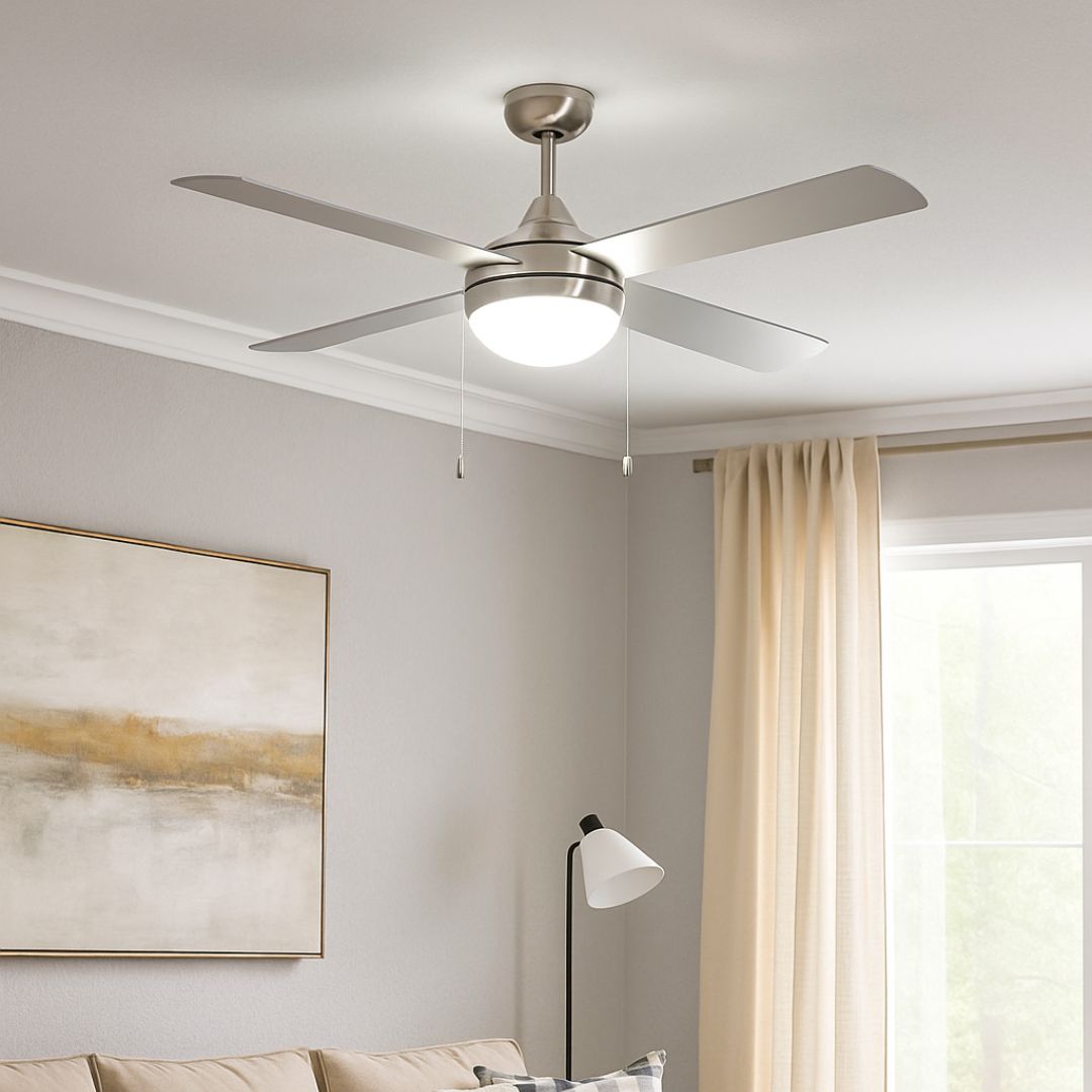 Ventilador de Techo Plata 45W con Luz y Mando – 4 Aspas, Función Verano/Invierno