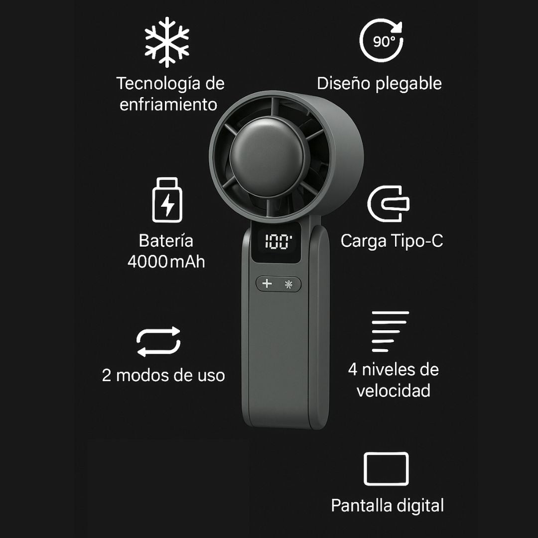 Ventilador Portátil Recargable 4 Velocidades con Sensación ICE