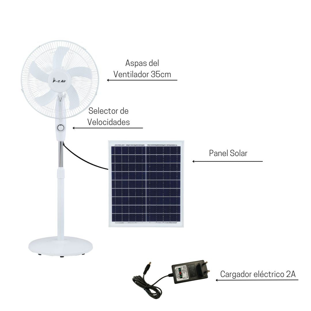 Ventilador de Pie Solar Motor AC 15W con Cargador Eléctrico 2A, 3 Velocidades y Oscilante